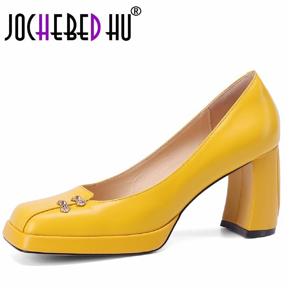 Aqua Sports Club - 【JOCHEBED HU】ขนาด 33-40 สแควร์ Toe หนังแท้รองเท้าส้นสูงหนา