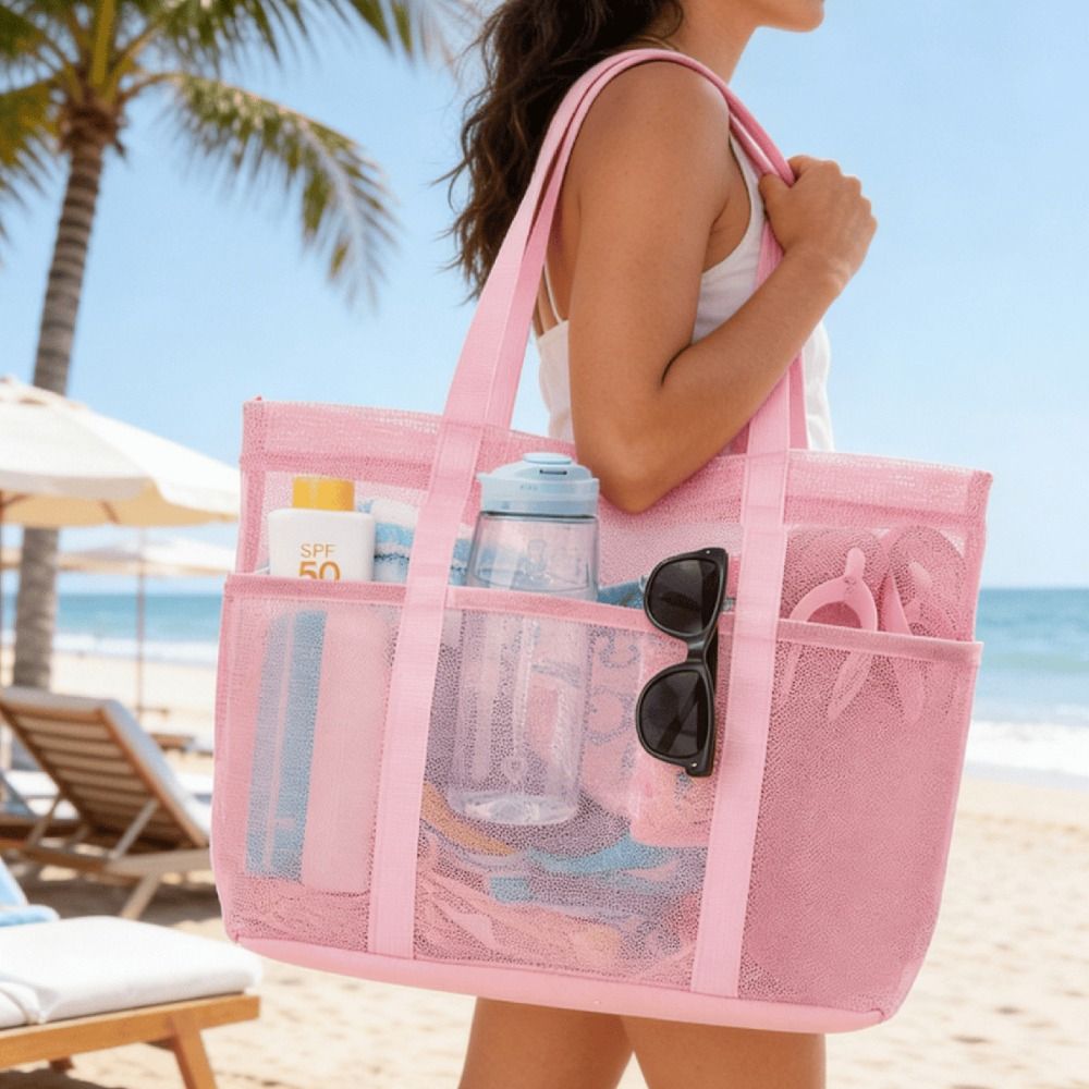 Dry Bag Roll Top - กระเป๋าแฟชั่นตาข่ายแห้งเร็วสำหรับชายหาด กระเป๋าใส ใช้ซ้ำได้สำหรับสระว่ายน้ำ มีหลายช่องใส่ของ กันทราย กระเป๋าสะพายไหล่สำหรับสระว่ายน้ำ